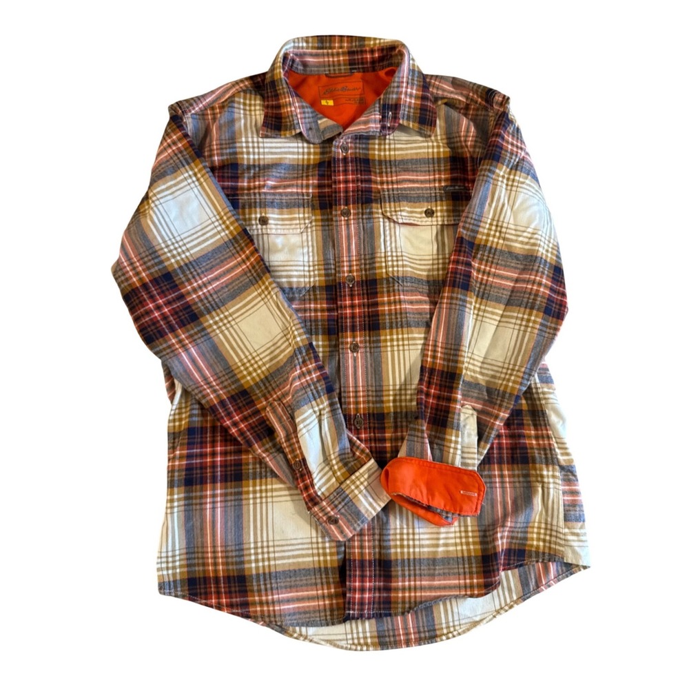 Eddie Bauer Mens‎ Classic Fit Plaid Flannel Shirt Orange Tan Blue Size Medium